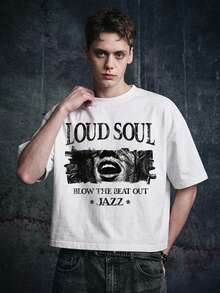 Manfinity ZONE917 Boxy Cropped Punk LOUD SOUL Jazz Black & White Distressed Graphic Print White Short Sleeve T-Shirt, Suitable For Spring And Autumn - White - View 5