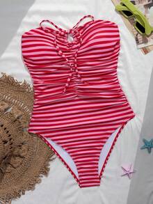 Swim Mod 女士连体多色条纹印花性感显瘦挂脖系带腰身热销沙滩度假休闲优雅情人节连体泳衣 - 彩色 - 查看 3