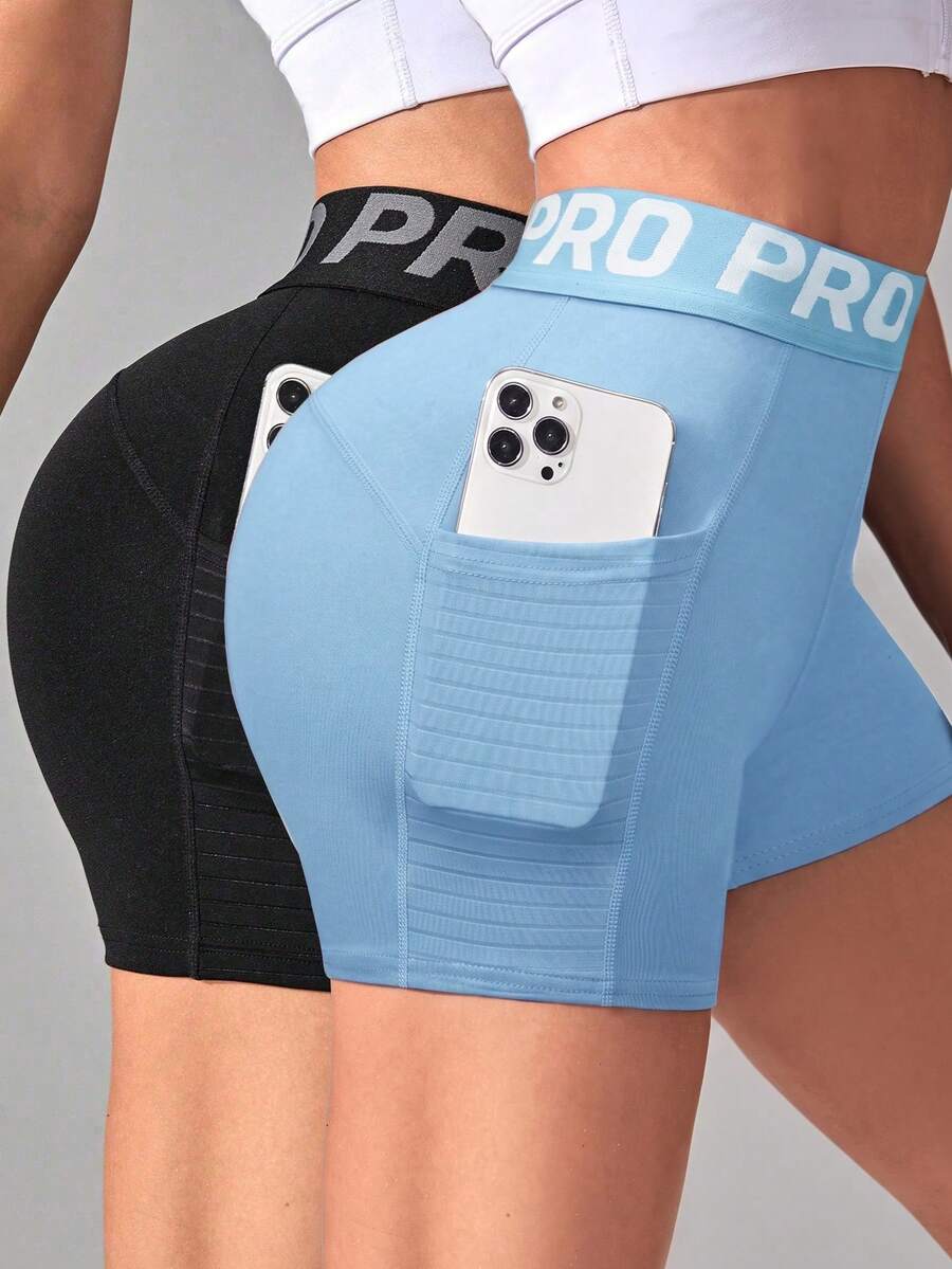 Gameset SHEIN Sport 2件裝休閒百搭修身高彈力字母印花鬆緊腰側口袋設計瑜伽運動短褲 - 彩色 - 查看 1