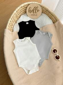 Conjunto de 3 piezas para bebé recién nacido niño: body de cuello redondo sin mangas de unicolor minimalista y cómodo - Blanco - Ver 8