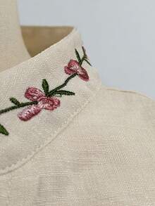 Louniche 女款夏季復古刺繡立領短袖襯衫，白色溫柔風V領花卉上衣，修身百搭通勤與度假風 - 杏色 - 查看 5