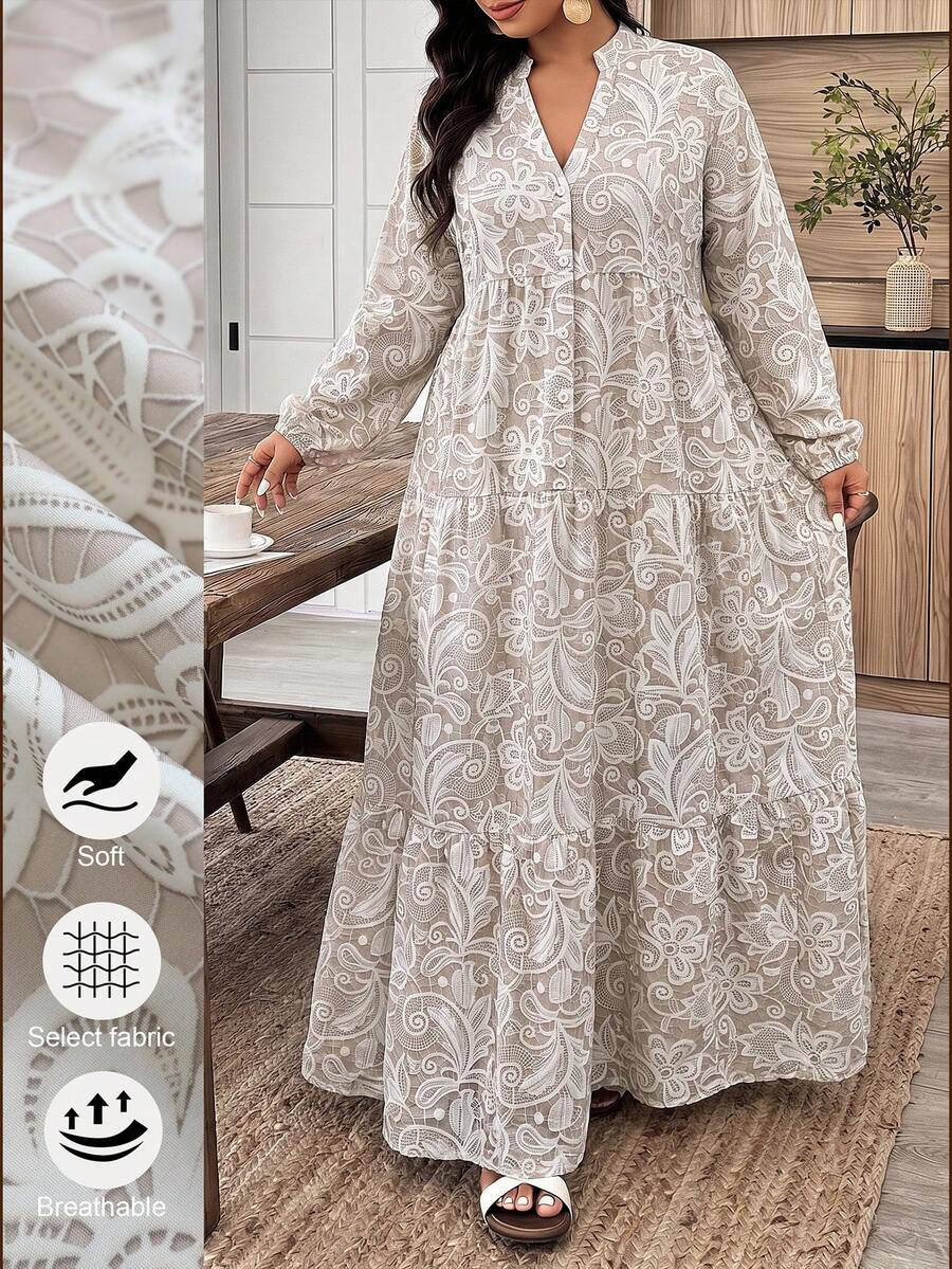 Weeklong Plus Size Olive Green Print V-Neck Button Tiered Maxi Dress, Boho Style For Vacation & Daily Wear Fall - Multicolor - View 1