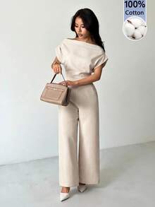 SHEIN PETITE 女款夏季新品簡約優雅日常休閒亞麻通勤寬領露肩上衣與寬腿褲套裝，夏季女裝套裝，適合嬌小女性 - 杏色 - 查看 1