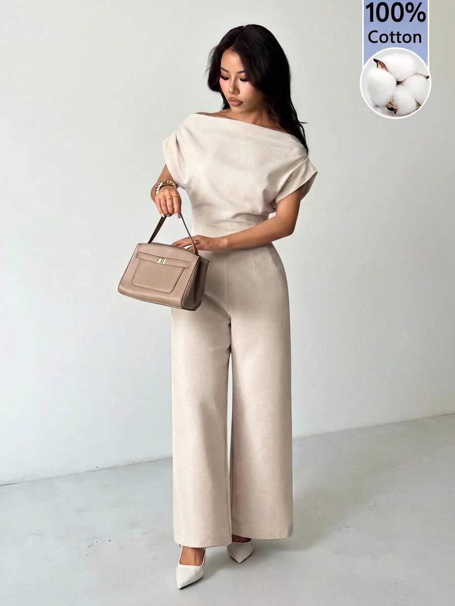 SHEIN PETITE 女款夏季新品簡約優雅日常休閒亞麻通勤寬領露肩上衣與寬腿褲套裝,夏季女裝套裝,適合嬌小女性 - 杏色 - 查看 1