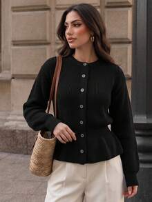 Duskaine Women's Solid Color Long Sleeve Single-Breasted Casual Knit Cardigan - Black - View 3
