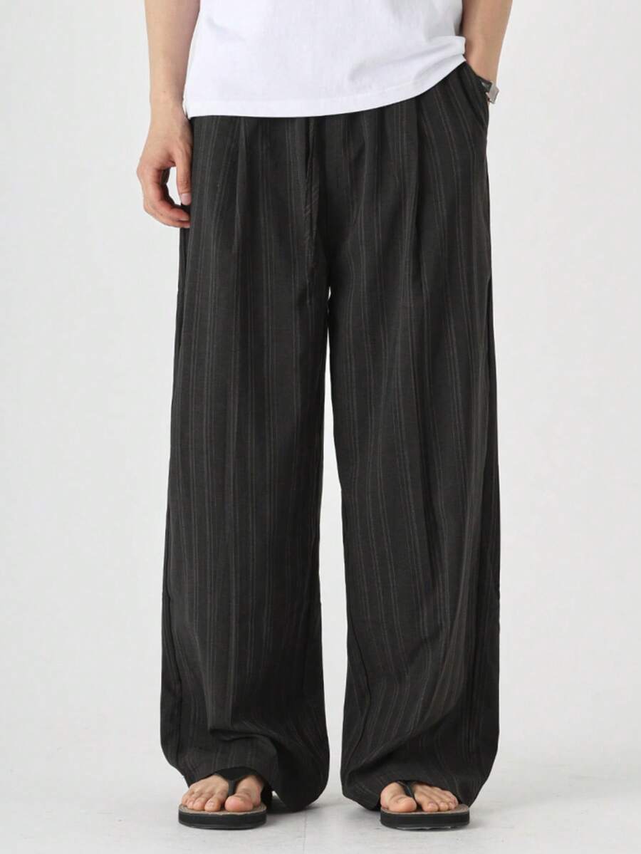 DAZY Men's Black Striped Fabric Straight Leg Pants With Full Elastic Waistband - Dark Grey - View 1