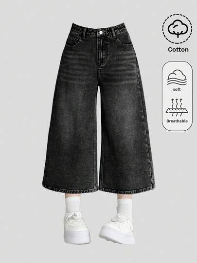 SHEIN Girlism 青少年女孩黑色寬鬆牛仔七分褲 秋冬萬聖節 Y2K 畢業返校穿搭