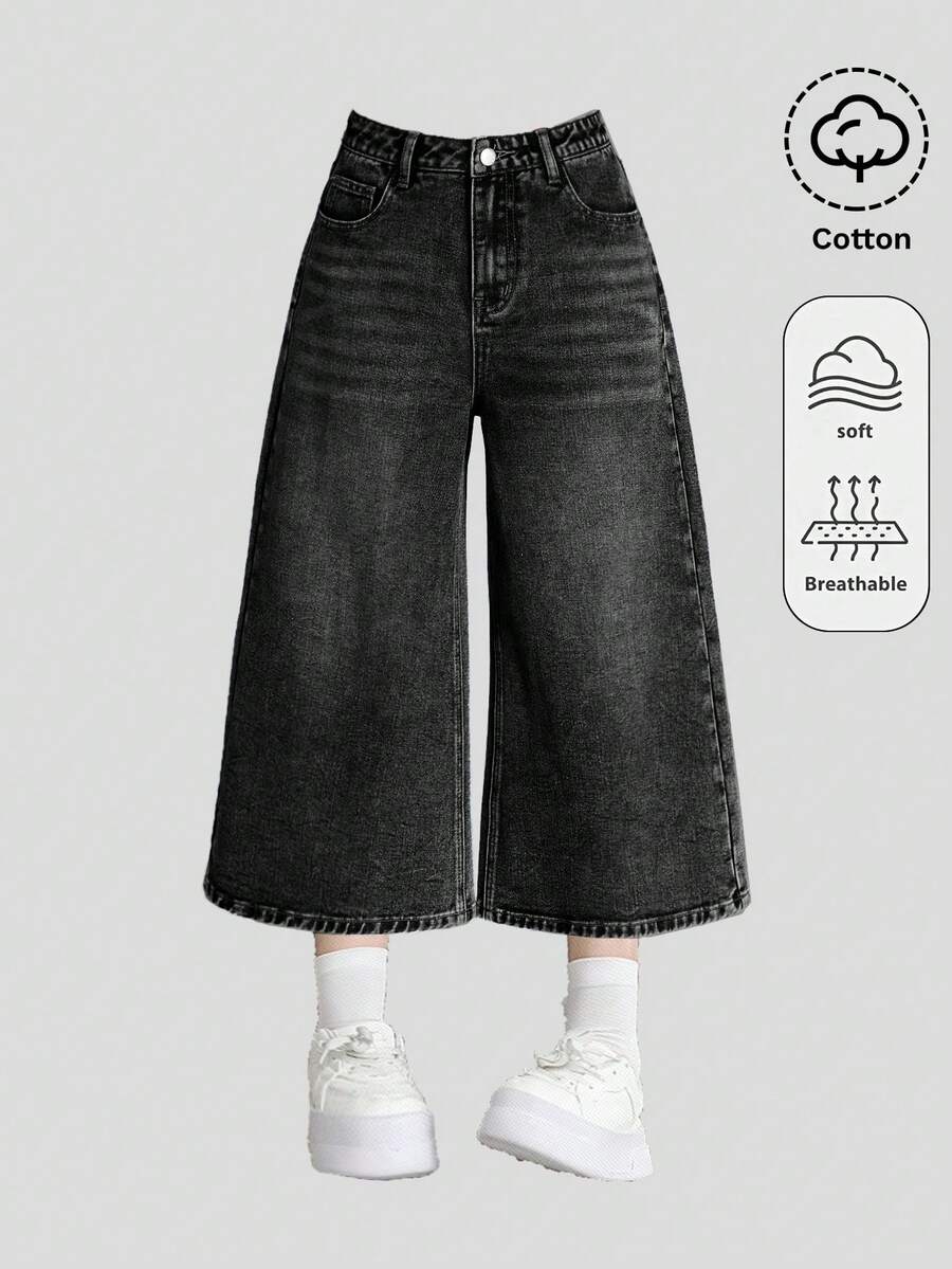 SHEIN Leap Crew 青少年女孩黑色寬鬆牛仔七分褲 秋冬萬聖節 Y2K 畢業返校穿搭 - 黑色 - 查看 1