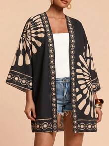 Travachic Women's Floral Print Drop Shoulder Long Sleeve Kimono Cover Up - Black - View 6