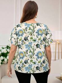 Reflora 春季女士卡其色印花袖双层荷叶边下摆加大码衬衫，优雅日常穿着 - 彩色 - 查看 2