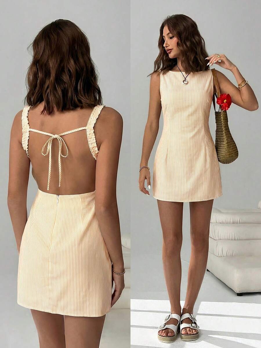 SHEIN EZwear 女士船领无袖露背系带夏季条纹编织连衣裙 女士连衣裙 女士夏季连衣裙 度假装 女士度假连衣裙 女士夏季套装 - 黃色 - 查看 1