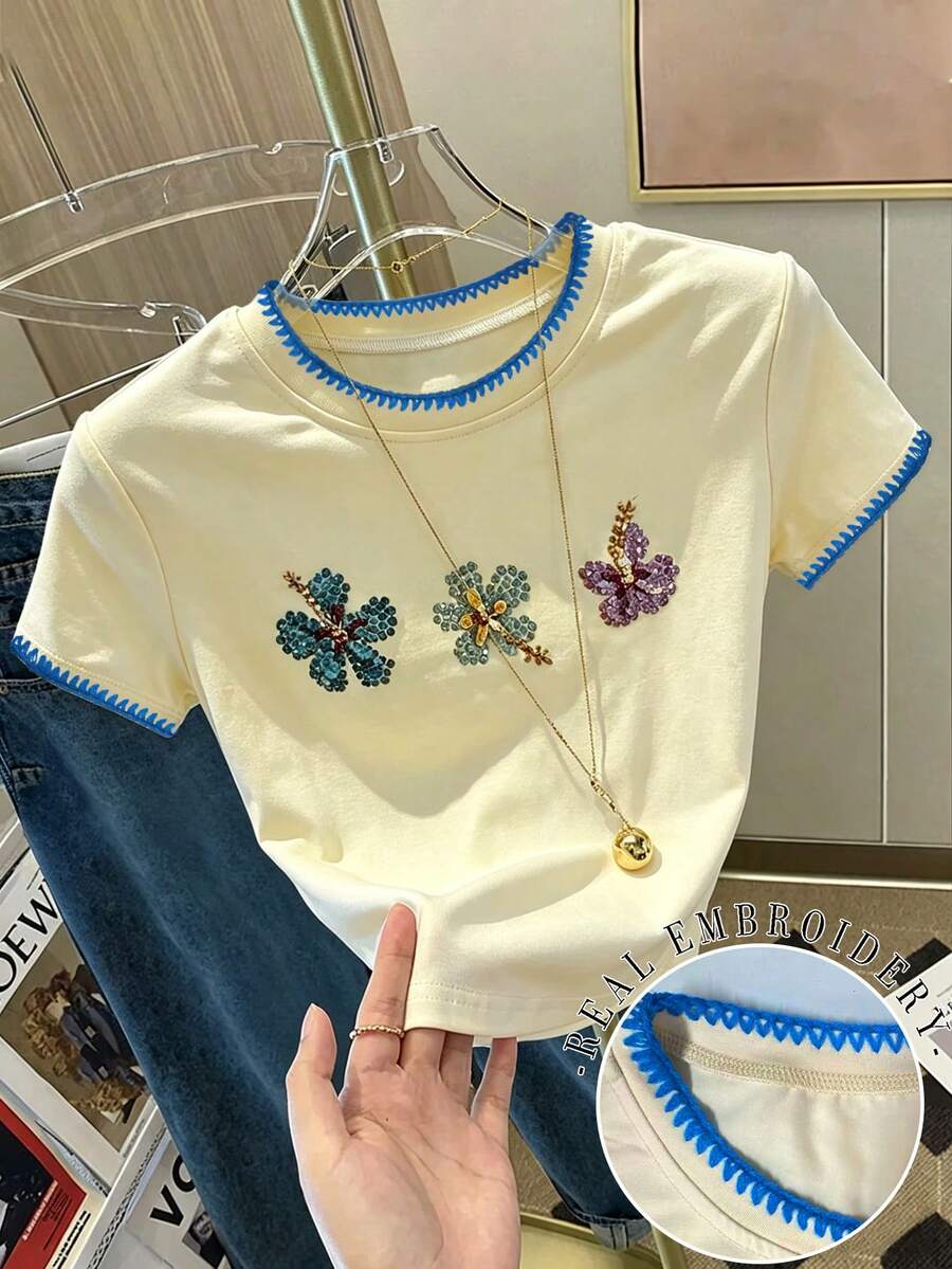 INAWLY 女款時尚百搭仿珍珠亮片花卉刺繡修身短袖T恤,仿珍珠亮片印花T恤,刺繡T恤 - 杏色 - 查看 1