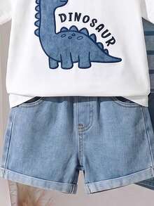 SHEIN 1 Random Set,, Simple Casual Cute Blue Bear Print Striped T-Shirt And Matching Print , Suitable For Summer Outings And Play - Multicolor - View 6