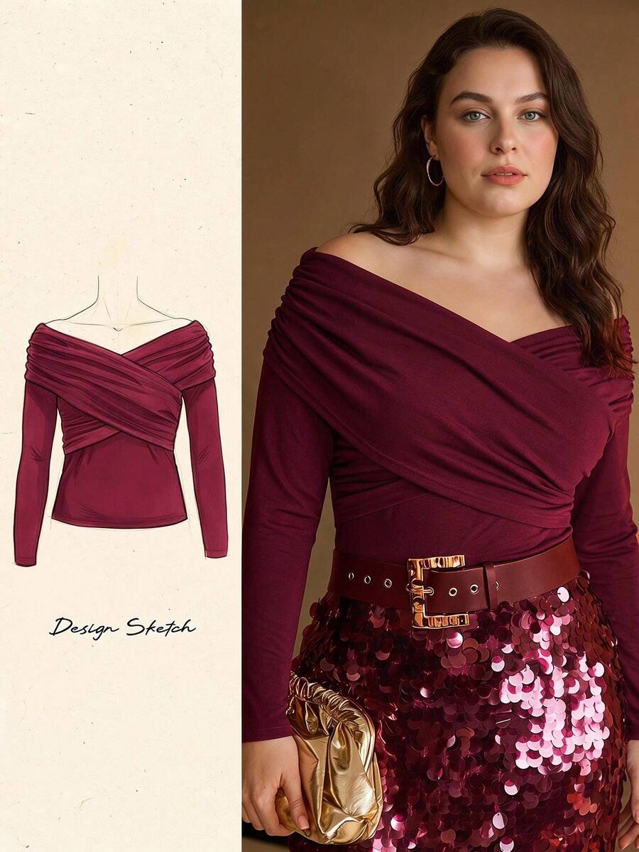 MOTF PREMIUM PLUS SIZE OFF-SHOULDER RUCHED T-SHIRT - Burgundy - View 1