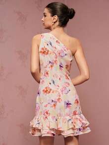 BELROSIE Embroidered Textured Heavy-Duty Fabric Asymmetric Neck Multi-Layer Ruffle Hem Short Design Luxury Sleeveless Dress - White - View 2