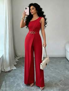 Elenzga Women's Fashion One Shoulder Design Buckle Bodycon Jumpsuit - Red - View 6