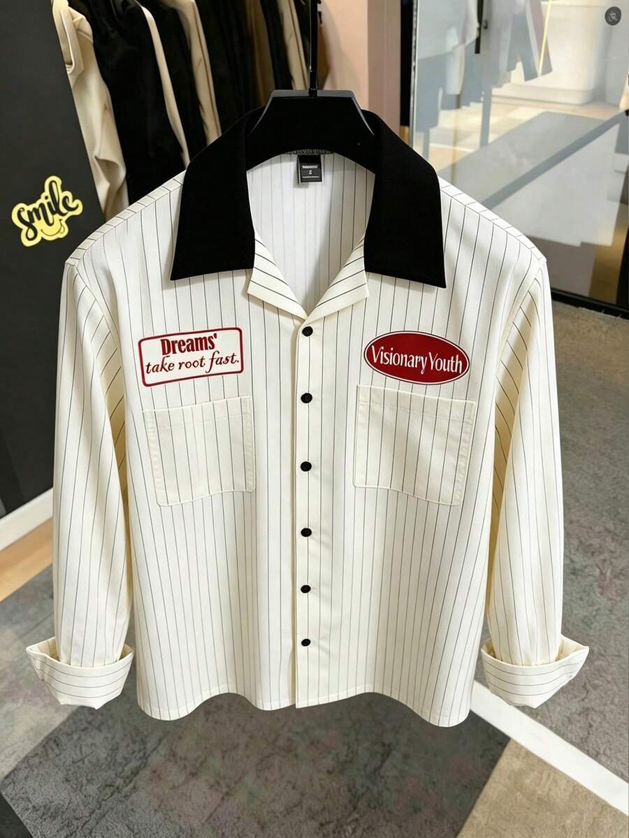 Manfinity Roghcode Men's Plus Size Beige Striped Long Sleeve Shirt - Beige - View 1