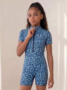 SHEIN Tween女孩運動服連身衣，藍色豹紋圖案，前襟半拉鍊設計，易穿脫，高彈性面料，柔軟舒適，適合瑜伽、休閒、輕量運動，Glowmode童裝系列 - 藍色 - 查看 4