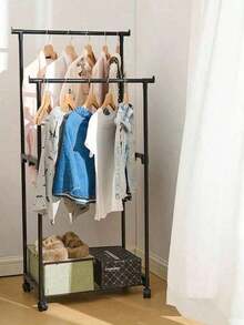 1pc Mobile Standing Coat Rack With Wheels, Indoor Home Bedroom Laundry Clothes Drying Hanger Rack, Adjustable Single/Double Rod, Suitable For Room, Balcony, Dorm, Living Room - Multicolor - View 2