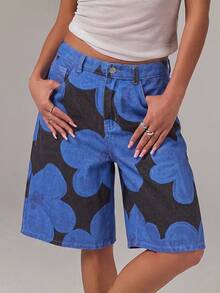 Athîral Denim Women's Dark Blue Floral Print Low Waist Wide Leg Y2k Disco Jeans, Oversize Pants, Bermuda, Rave Concert Outfits, Summer - Blue - View 1