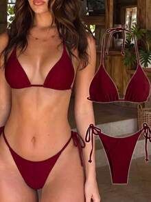 Swim Mod 女款純色三角罩杯掛脖比基尼套裝，綁帶低腰泳褲，修身露背兩件式泳衣，適合海灘、度假、溫泉、攝影與游泳 - 中紫紅色 - 查看 3