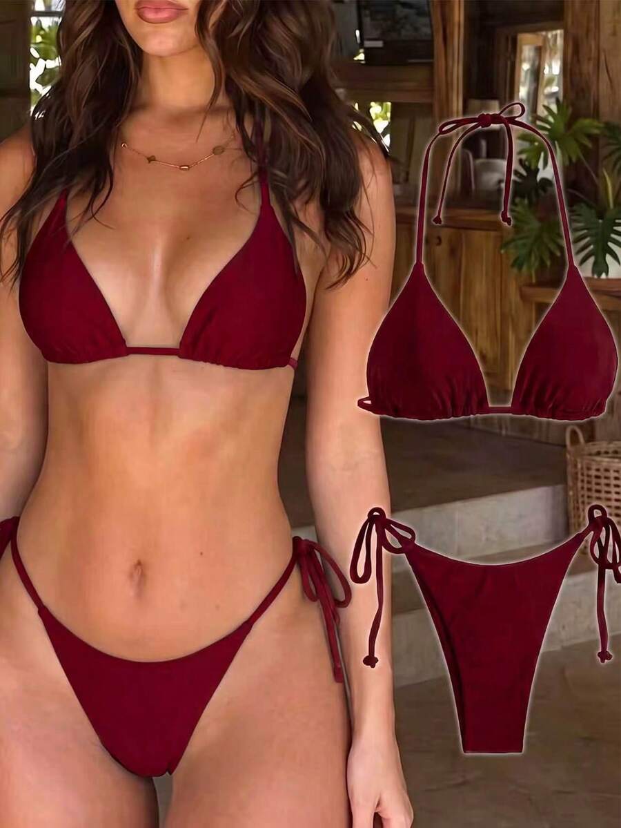 Swim Mod Solid Color Triangle Cup Halter Bikini Set With Tie Low Waist Swim Bottoms, Slimming Backless Two-Piece Swimsuit For Beach, Vacation, Hot Spring, Photography And Swimming, Women - Red Violet - View 1