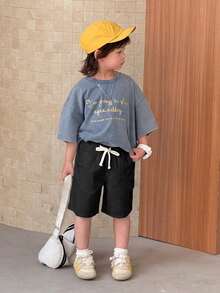 SHEIN Kids Young Boy Fashion Drawstring Waist Cargo Denim Shorts - Black - View 3