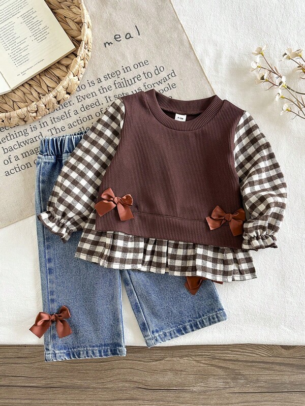 SHEIN Infant/Toddler (Girl) Sweet Cute Stylish 3D Floral Decor Striped Patchwork Long Sleeve Top & Denim Long Pants T-Shirt Set