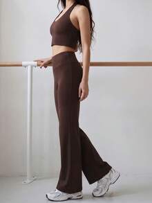 Nöista Part Of A Set, Activewear Pants With High Waist In Flare Shape And Brown Color. Yoga, Pilates, Barre, Fall, Winter, Casual, Sports, Gym. - Brown - View 7
