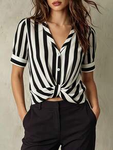 SHEIN Casual Multicolor Striped V Neck Half Sleeve Blouse For Women Stylish Drop Shoulder Button Front Shirt - Multicolor - View 1