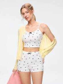 Bonmuse Heart Print Bow Front Cami Top & Shorts PJ Set / Pajama Setfor Summer - Multicolor - View 1