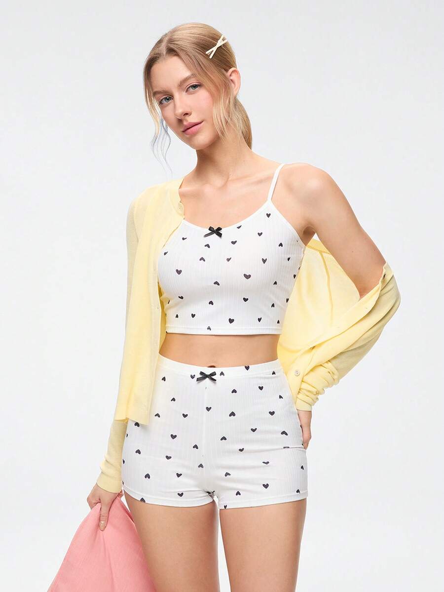 Bonmuse Heart Print Bow Front Cami Top & Shorts PJ Set / Pajama Setfor Summer - Multicolor - View 1