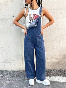 SHEIN 青少年女孩深藍色雙口袋設計寬鬆牛仔吊帶褲 - 藍色 - 查看 1