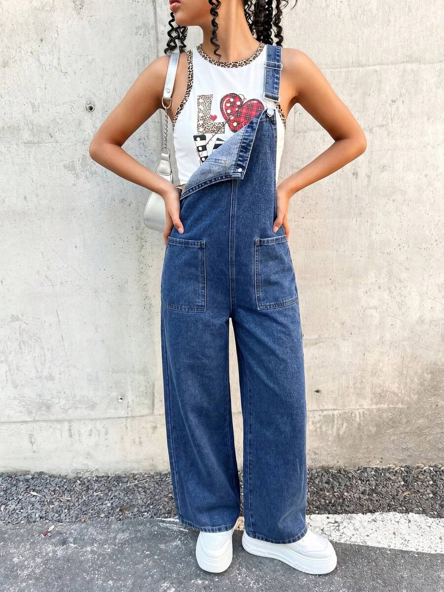 SHEIN 青少年女孩深藍色雙口袋設計寬鬆牛仔吊帶褲 - 藍色 - 查看 1