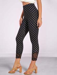 Amorya Women's Polka Dot Print Contrast Lace Fashion 3/4 Length Leggings - Black - View 5