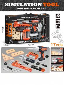 MINKOJA 16Pcs & 17Pcs Simulation Building Tool Set, Role-Playing Hardware Set, Including Drills, Saws, Wrenches, Wooden Blocks And Building Models, Suitable For DIY Assembly Role-Playing Game Toys. - Multicolor - View 9