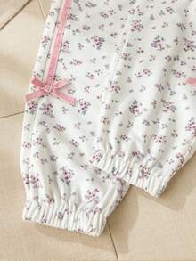 SHEIN Vintaside Kids 2件組少女連帽夾克運動長褲套裝，甜美可愛白色粉色碎花蝴蝶結緞帶條紋長袖，適合學校派對秋季公主風慢跑拉鍊款 - 彩色 - 查看 7