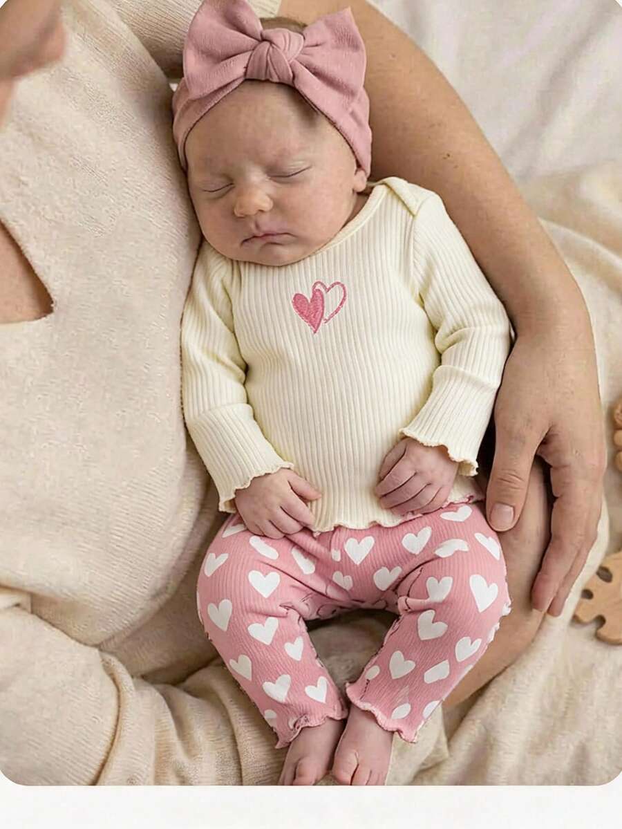 新生女嬰可愛休閒針織粉色長袖上衣彈性腰心形圖案褲子家居服套裝 - 粉色 - 查看 1