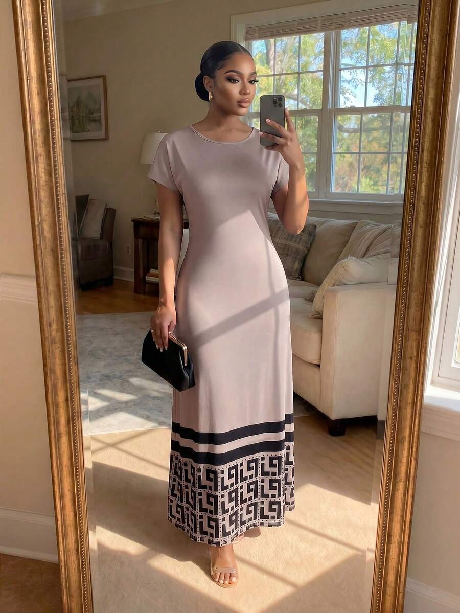 SHEIN Lady CURVE 大尺碼女款拼色休閒日常夏季旅行連身裙 - 卡其色 - 查看 1