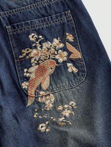 ROMWE MEN Street Life 男士花卉刺繡口袋休閒牛仔短褲 - 藍色 - 查看 4