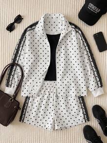 Comfortcana Plus Size Women Casual Style Suitable For Outdoor Wear White Polka Dot 2 Pieces Set Fall - White - View 6