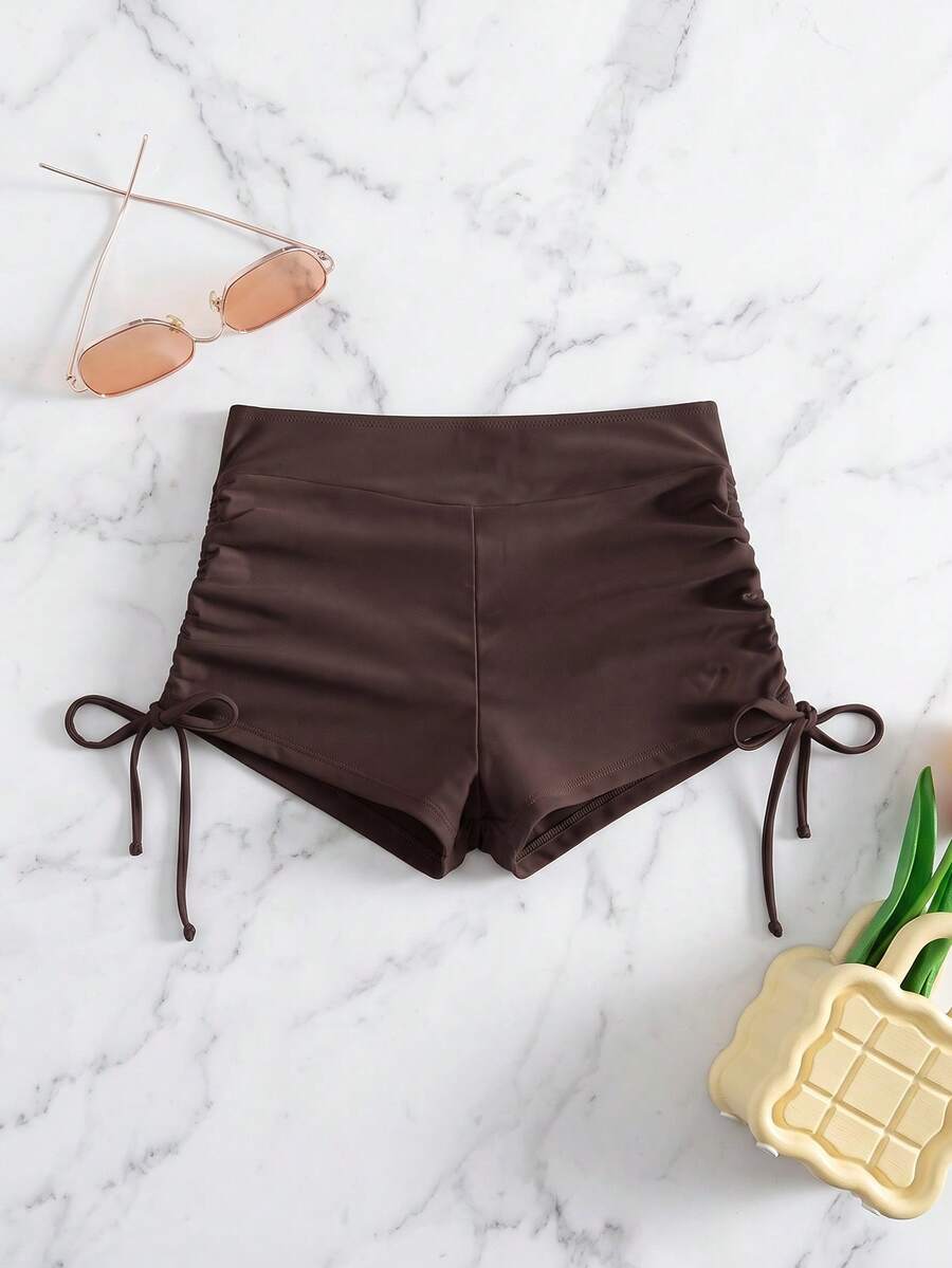 SHEIN Swim 女款抽繩抓皺短褲泳裝下身，適合海灘度假 - 棕色 - 查看 1