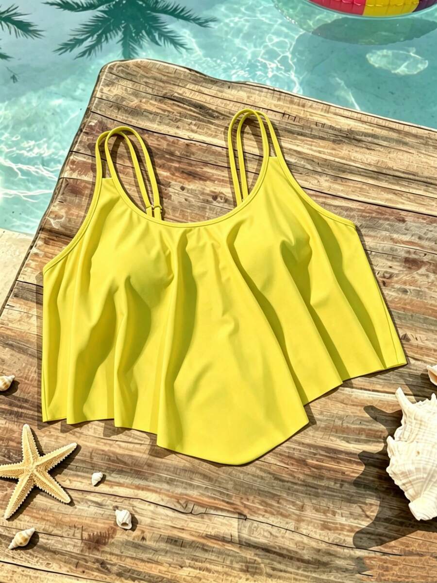 Swim Lushoire Top de traje de baño tipo camisola de talla grande con bajo asimétrico y plisado de color liso para playa de verano - Amarillo - Ver 1