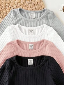SHEIN 4件裝女嬰休閒可愛針織純色長袖上衣 - 淺粉色 - 查看 8