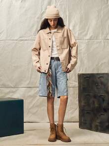 Vintage Light Blue Washed Denim Oversize Casual Cargo Shorts, Distressed Hem, Street Style - Light Wash - View 6