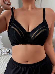 Napfluff CURVE Napfluff CURVE Women's Plus Size Striped Sheer Mesh Underwire Bra, Large Bust Slimming Support & Push-Up Lingerie, 1pc - Black - View 1