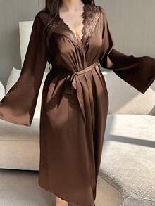 Dazy Plus Solid Color Satin Contrast Lace Sexy Loose Tie-Front Plus Size Women's Spring/Autumn Loungewear Robe - Brown - View 3