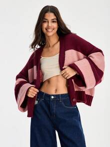 SHEIN 女款條紋落肩長袖單排扣休閒針織開襟衫 - 彩色 - 查看 6