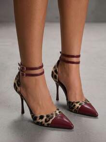 CUCCOO SZL Women's Fashionable Elegant Commuting Leopard Print Patchwork Pointed Toe Pumps For Christmas Spring Shoes - Bordeaux - View 5
