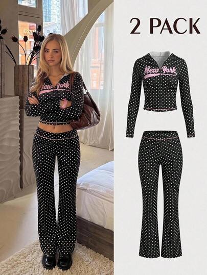 CovetEZ Women's Polka Dot Print Hooded Cropped Top & Pants 2 Pieces Set